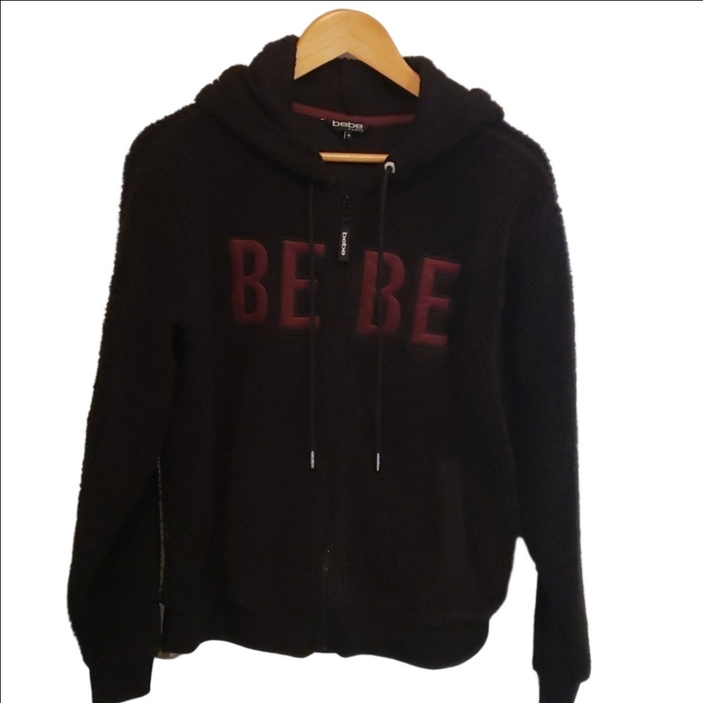 Bebe sport faux sherling hoodie in black and Burgundy zip front